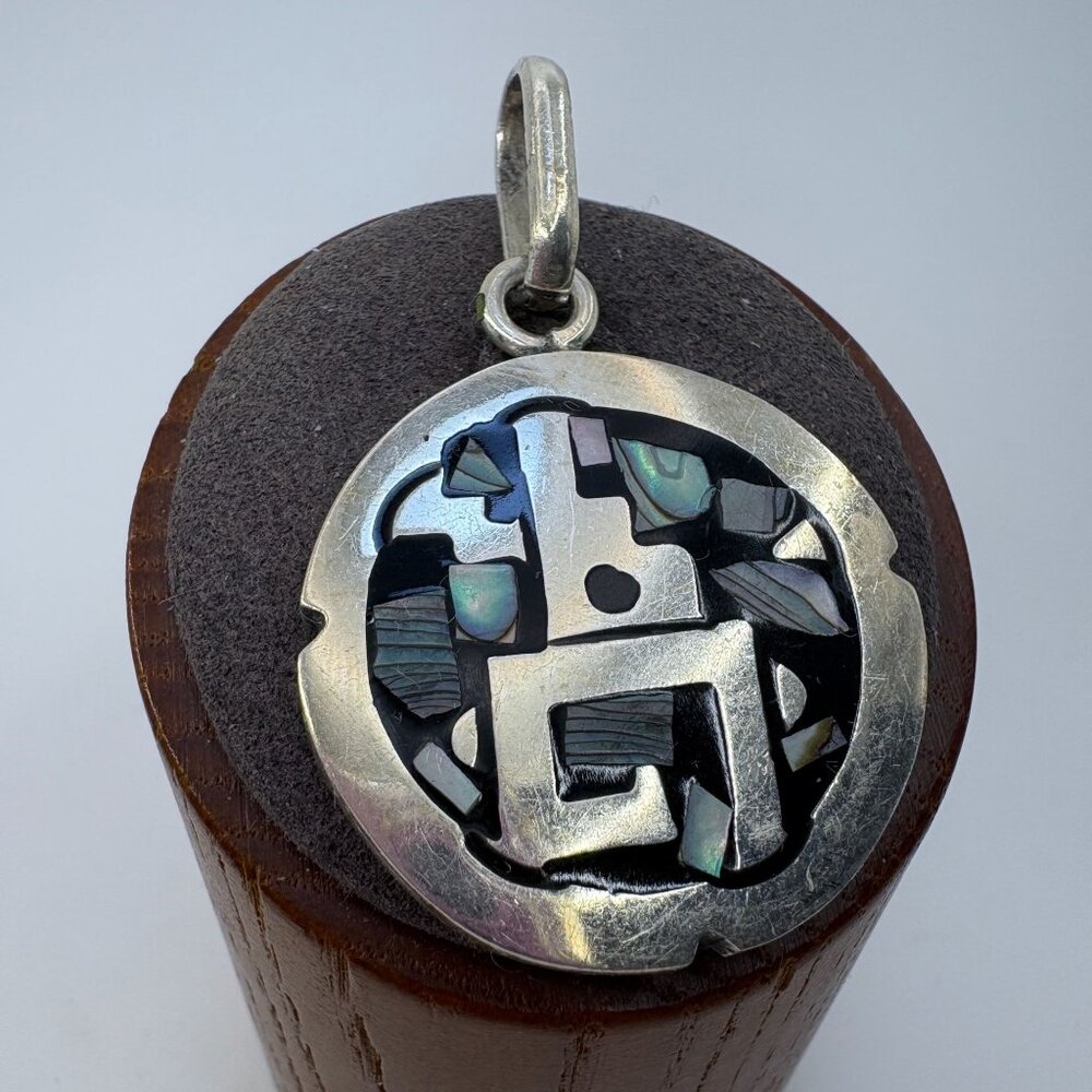 Abalone Inlay Circle Pendant VTG Solid Sterling Silver 925 Size 1.75" Length